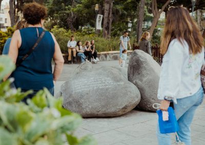 Elena Bajo. La flor que vino de las estrellas, Rocas basálticas gravadas, Parque Doramas, Las Palmas de Gran Canaria, 2022